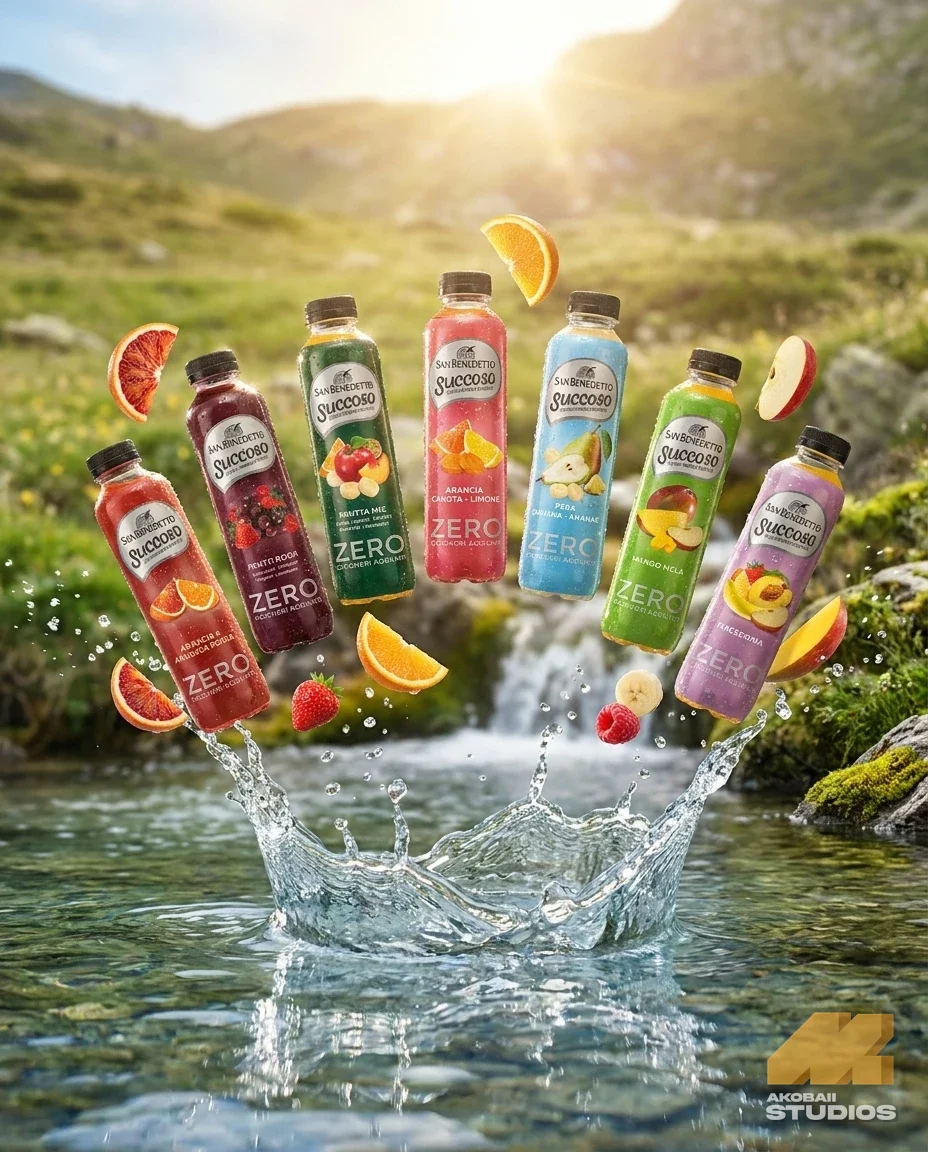 Concept: Succoso Zero bottles splashing into a mountain stream