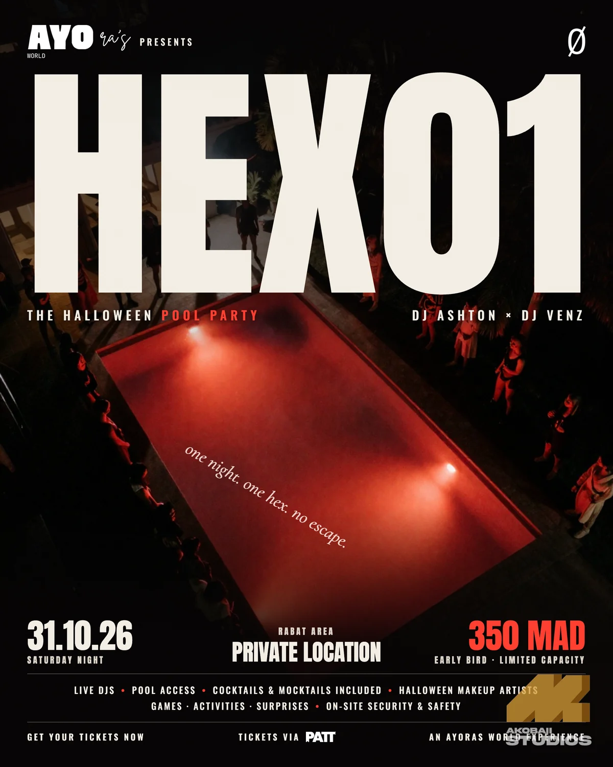 HEX01 flyer with a red-lit pool
