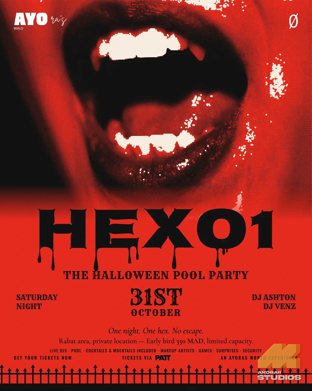 HEX01 flyer with vampire fangs