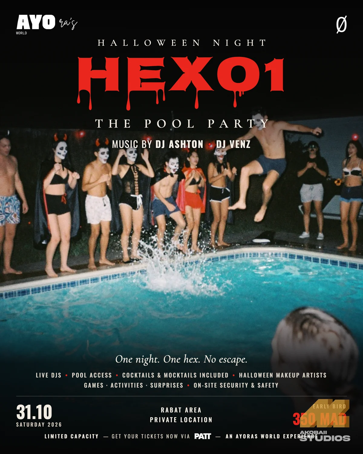 HEX01 flyer with a flash photo of the pool party