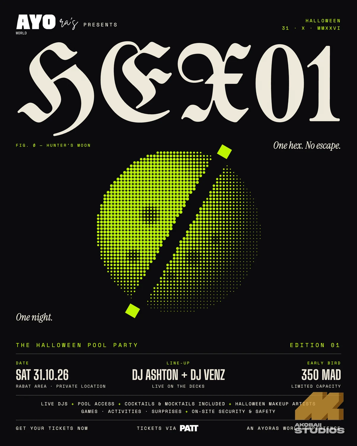 HEX01 flyer with a halftone moon