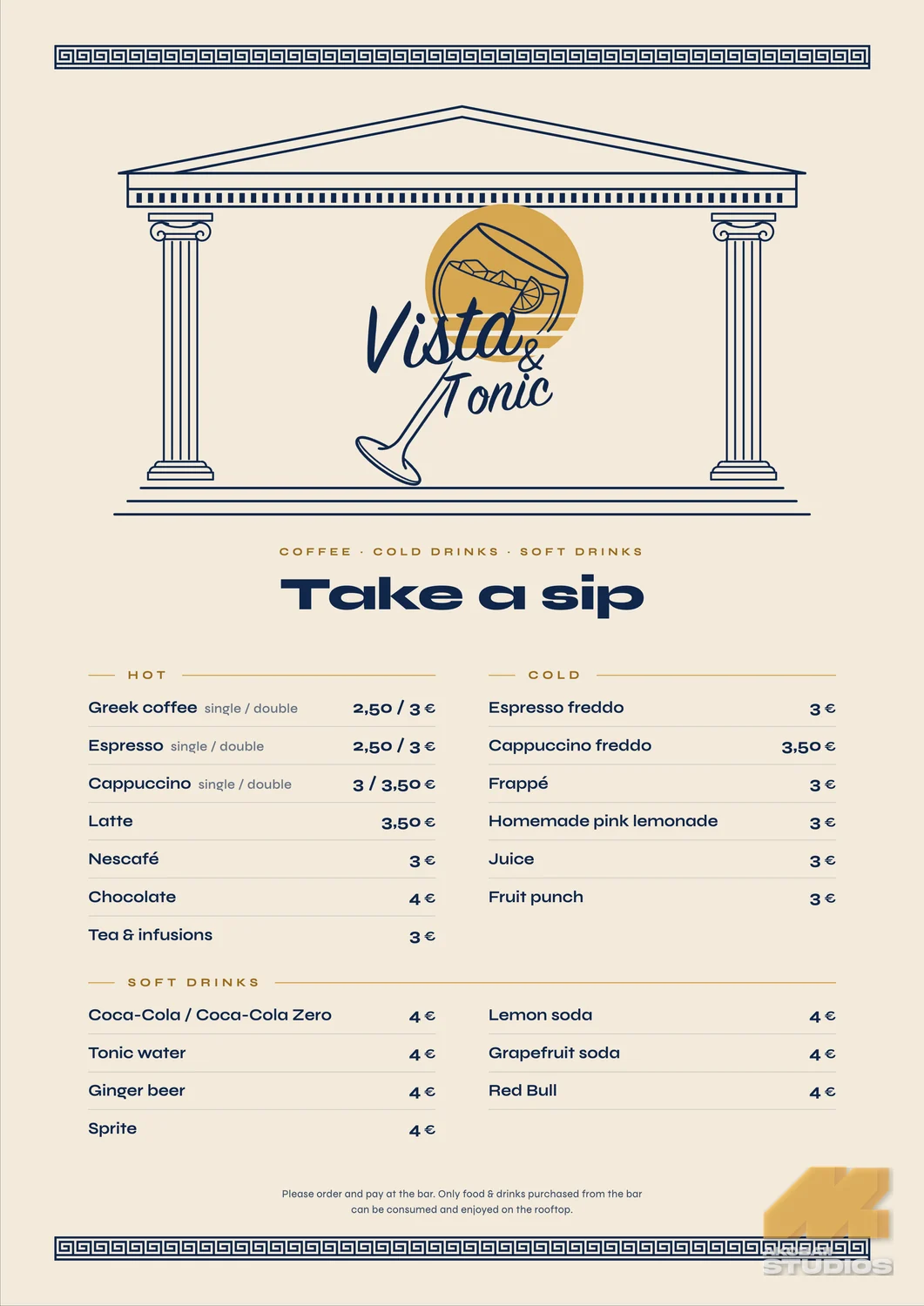 Bar menu, front: coffee and soft drinks