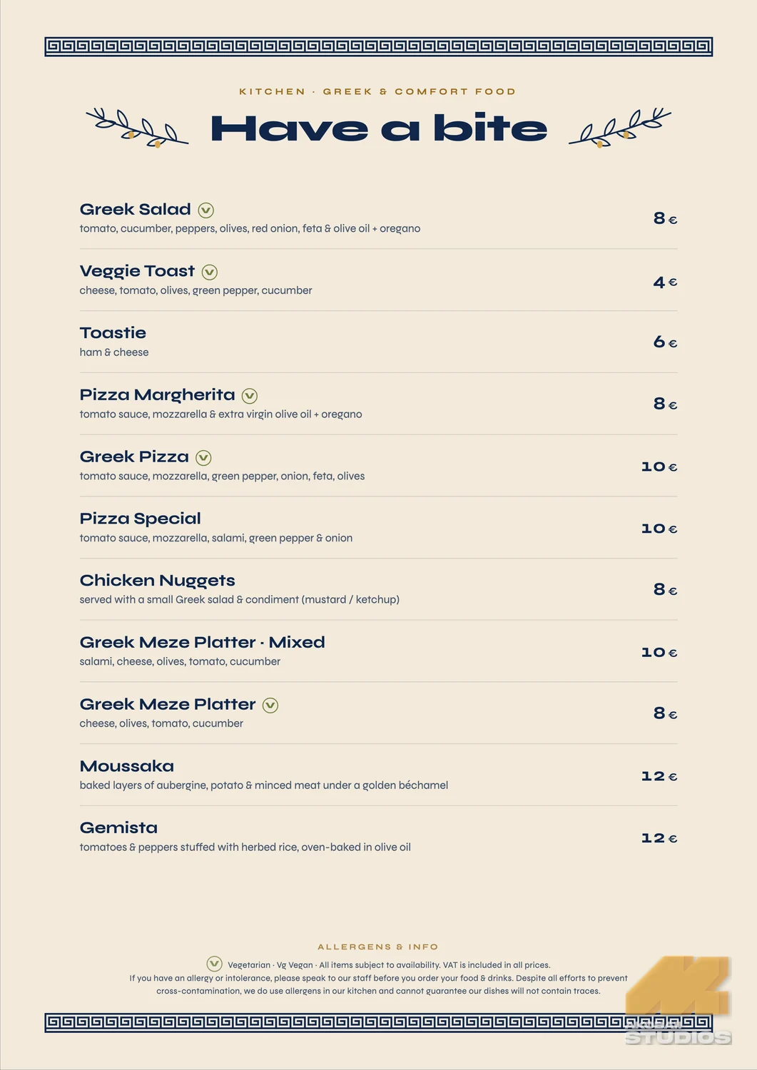 Bar menu, back: food