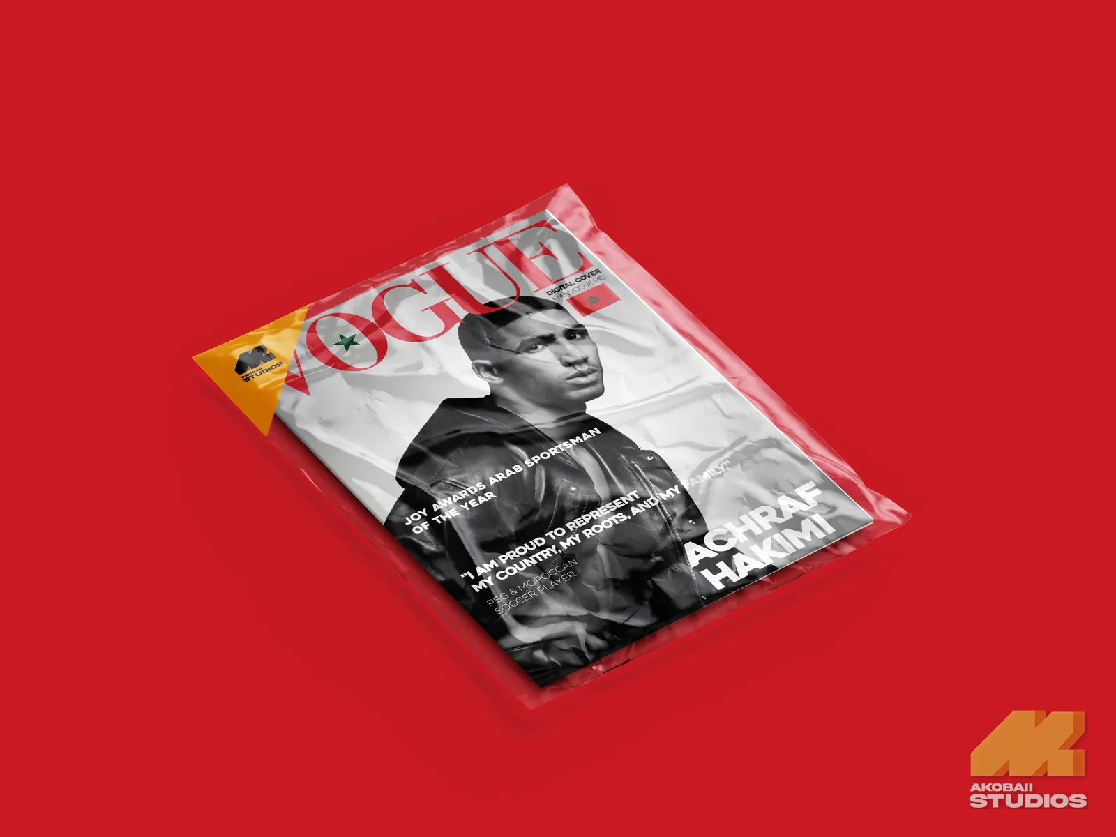 Cover concept in a red foil mockup, angled